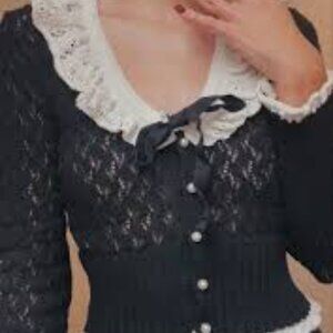 Zara Pointelle Mixed Ruffled Knit Cardigan Black/Cream L